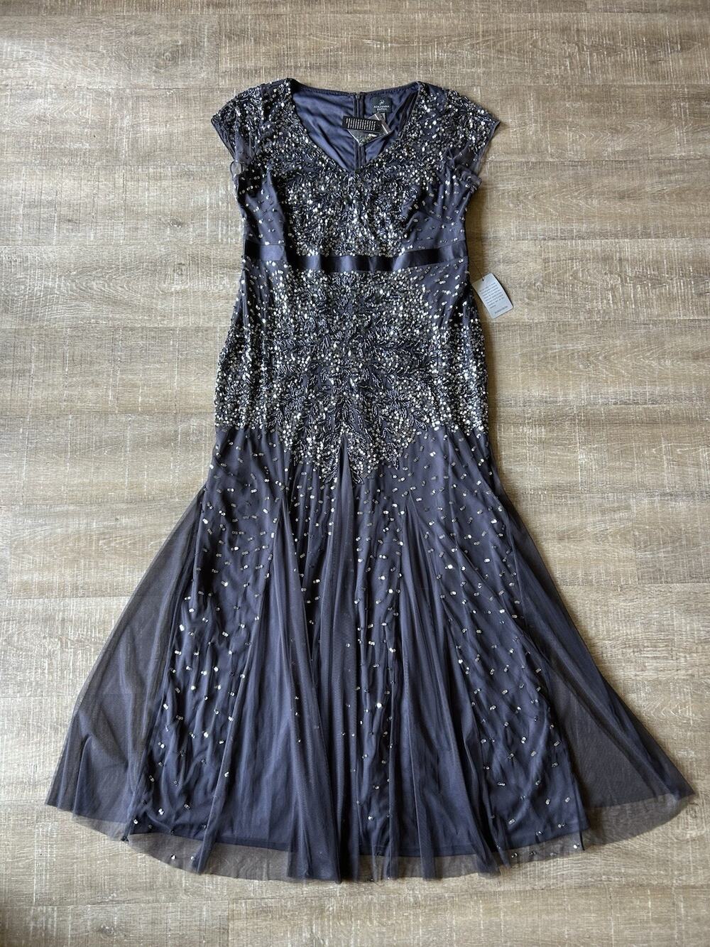 Adrianna Papell Beaded Sequin Evening Gown Blue Gray Silver Maxi Dress 16W NWT
